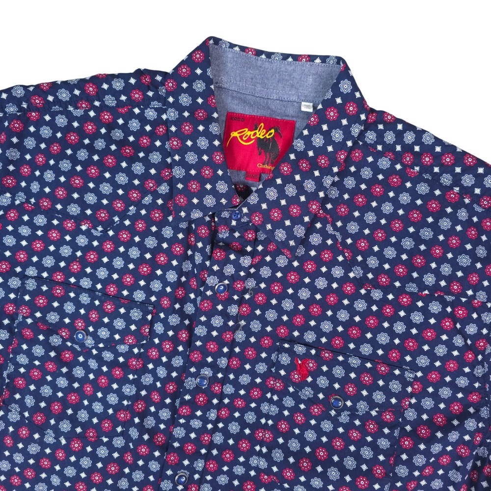 Rodeo Clothing Co Pearl Snap Shirt Mens 2XL Blue Red Medallion Western Short Slv